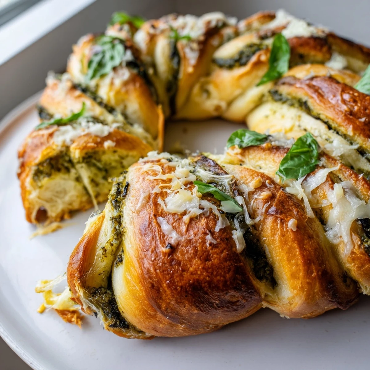 Golden braided pesto bread with melted mozzarella and parmesan fresh from the oven
