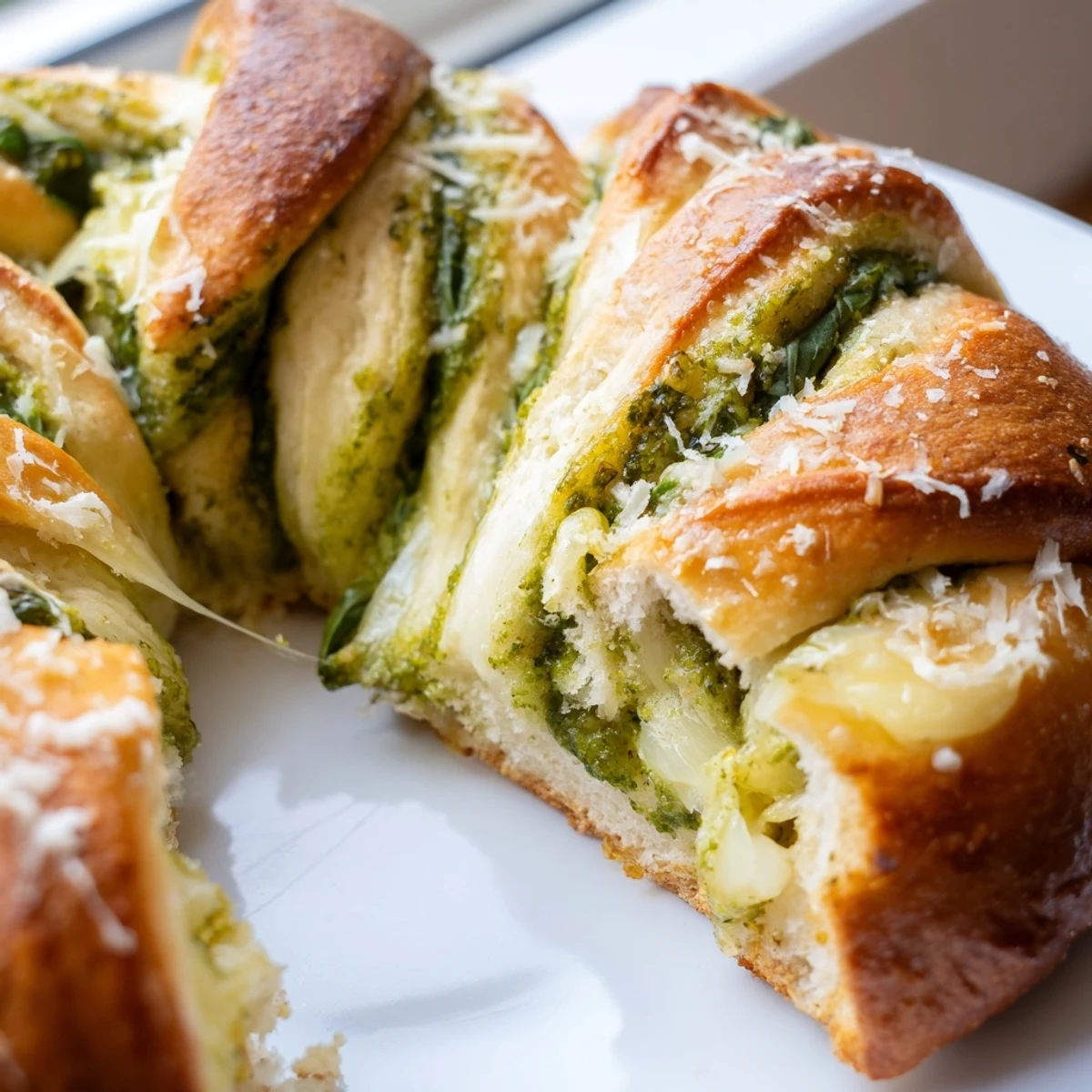 Warm cheesy braided pesto bread sliced open revealing gooey cheese and herb filling