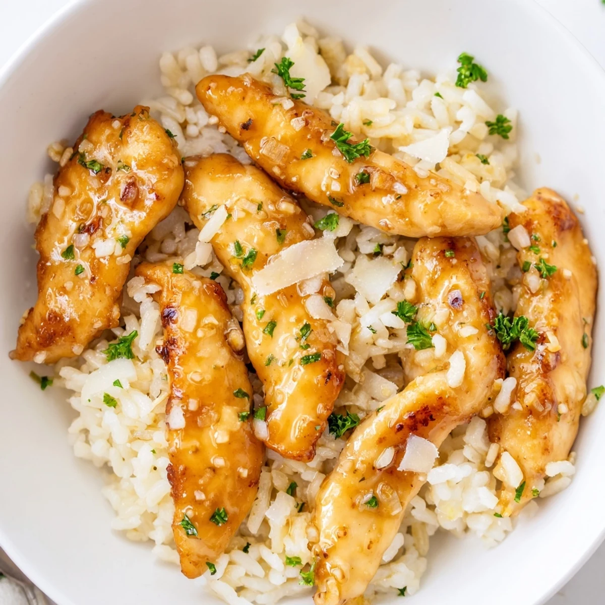 Golden seared chicken scampi served over creamy garlic parmesan rice with lemon butter sauce
