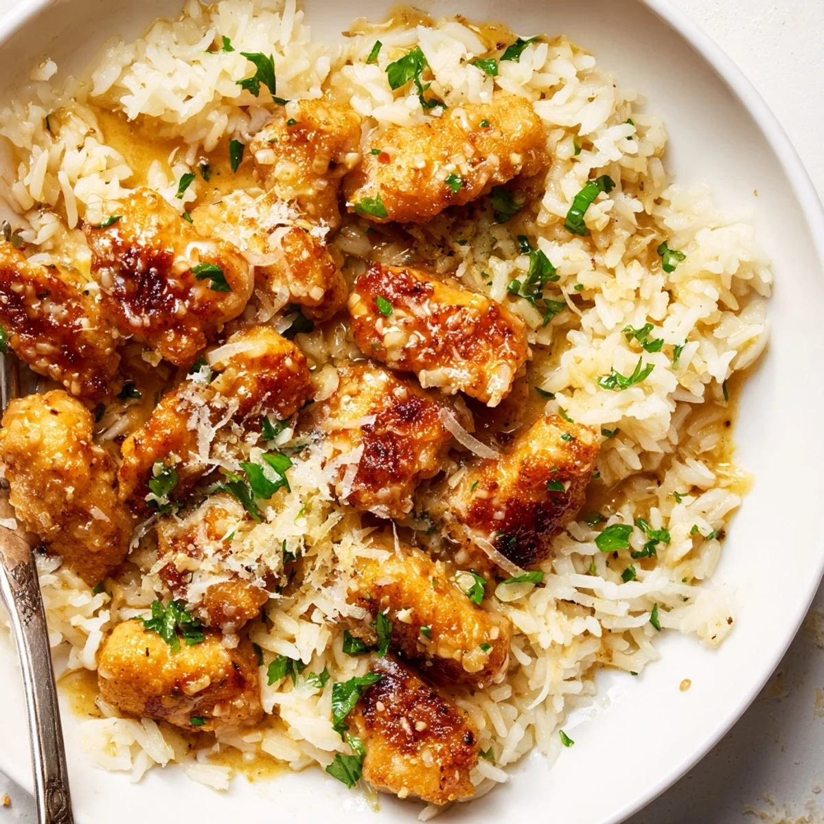 Tender chicken scampi with garlic parmesan rice garnished with fresh parsley and lemon wedges