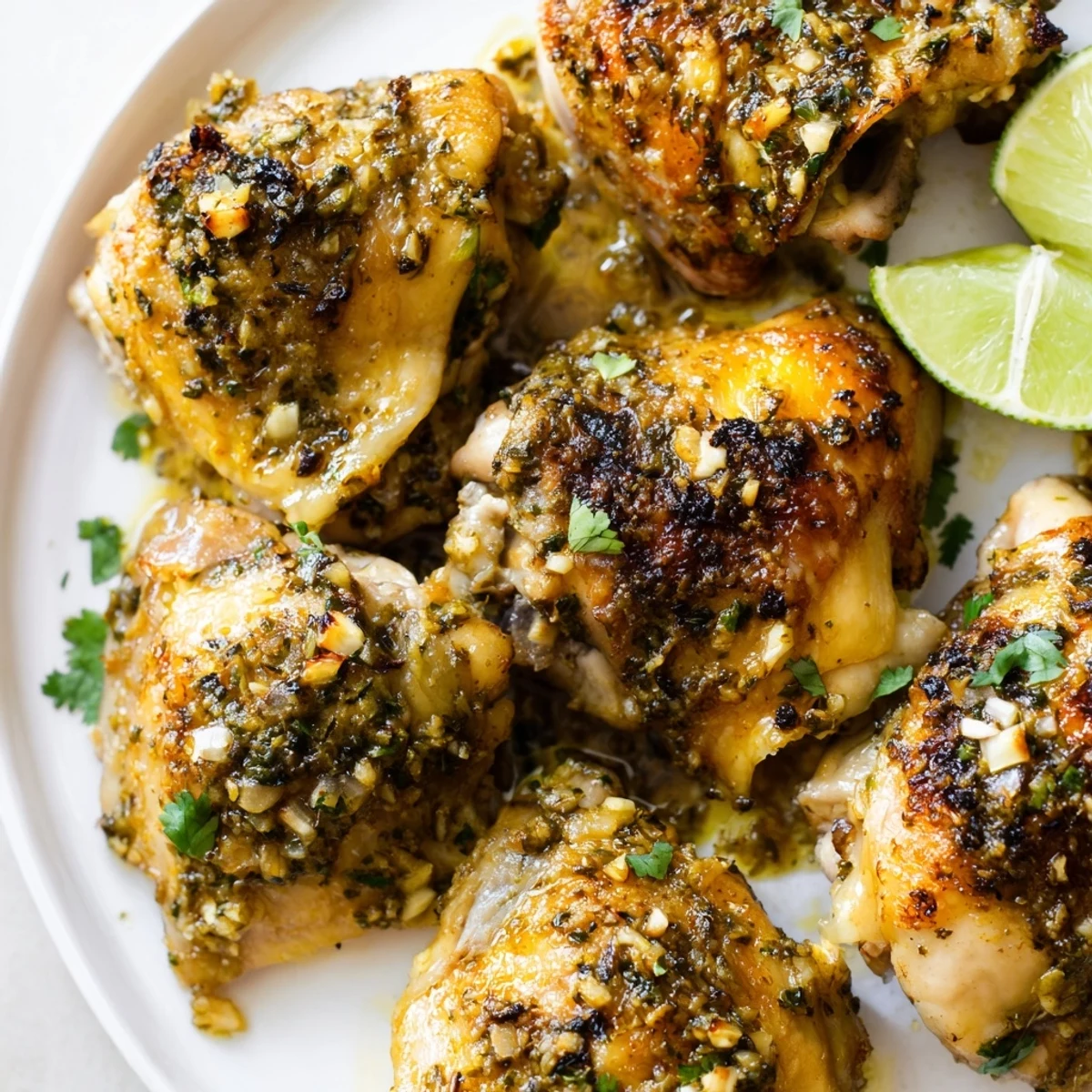 Juicy Cuban Mojo Chicken Thighs garnished with fresh cilantro and bright lime wedges