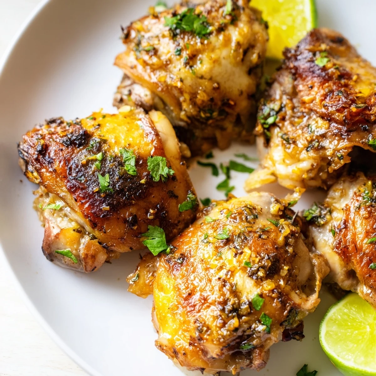 Tender Cuban Mojo Chicken Thighs with caramelized skin served alongside fluffy white rice