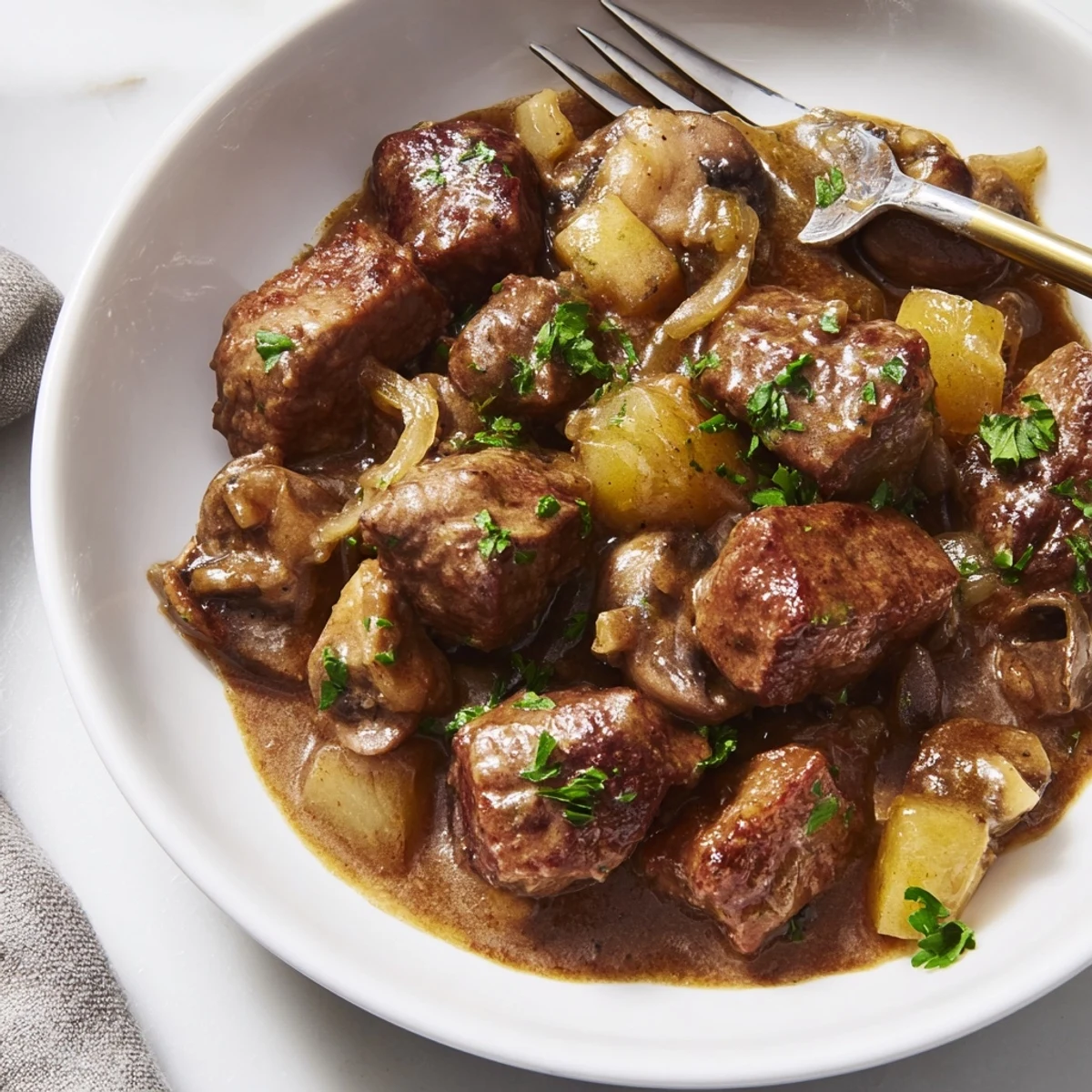Juicy seared steak tips swimming in rich brown gravy with fresh parsley