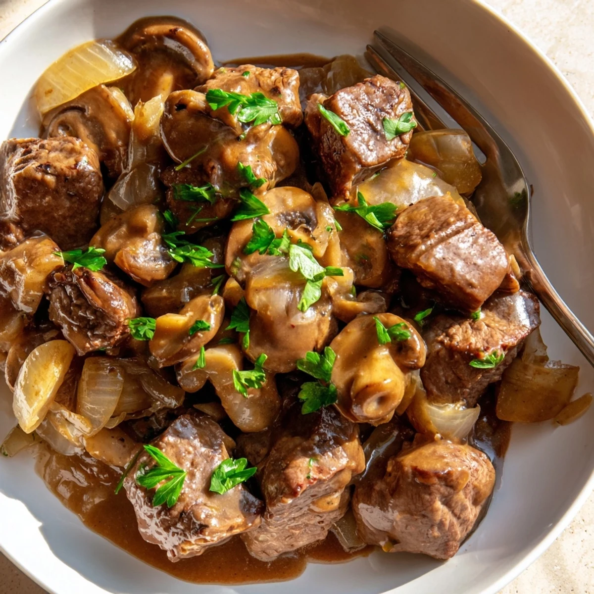 Tender weeknight steak tips and gravy smothered over creamy mashed potatoes