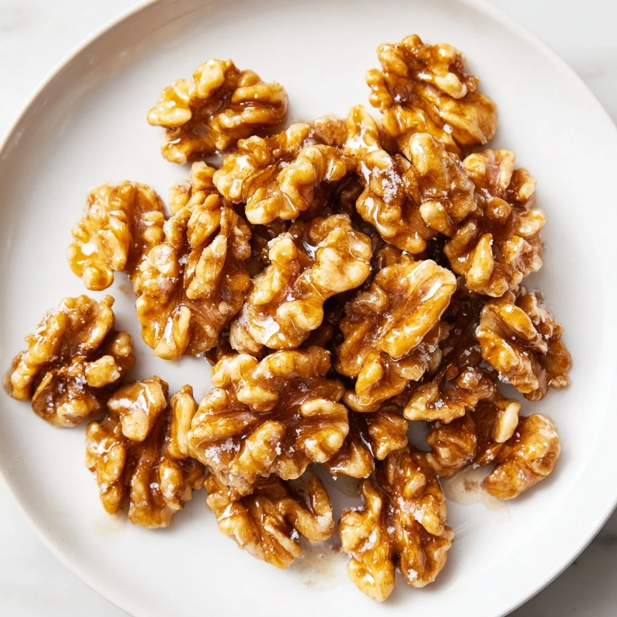 Golden maple cinnamon walnuts glistening with a warm, sticky glaze on parchment paper