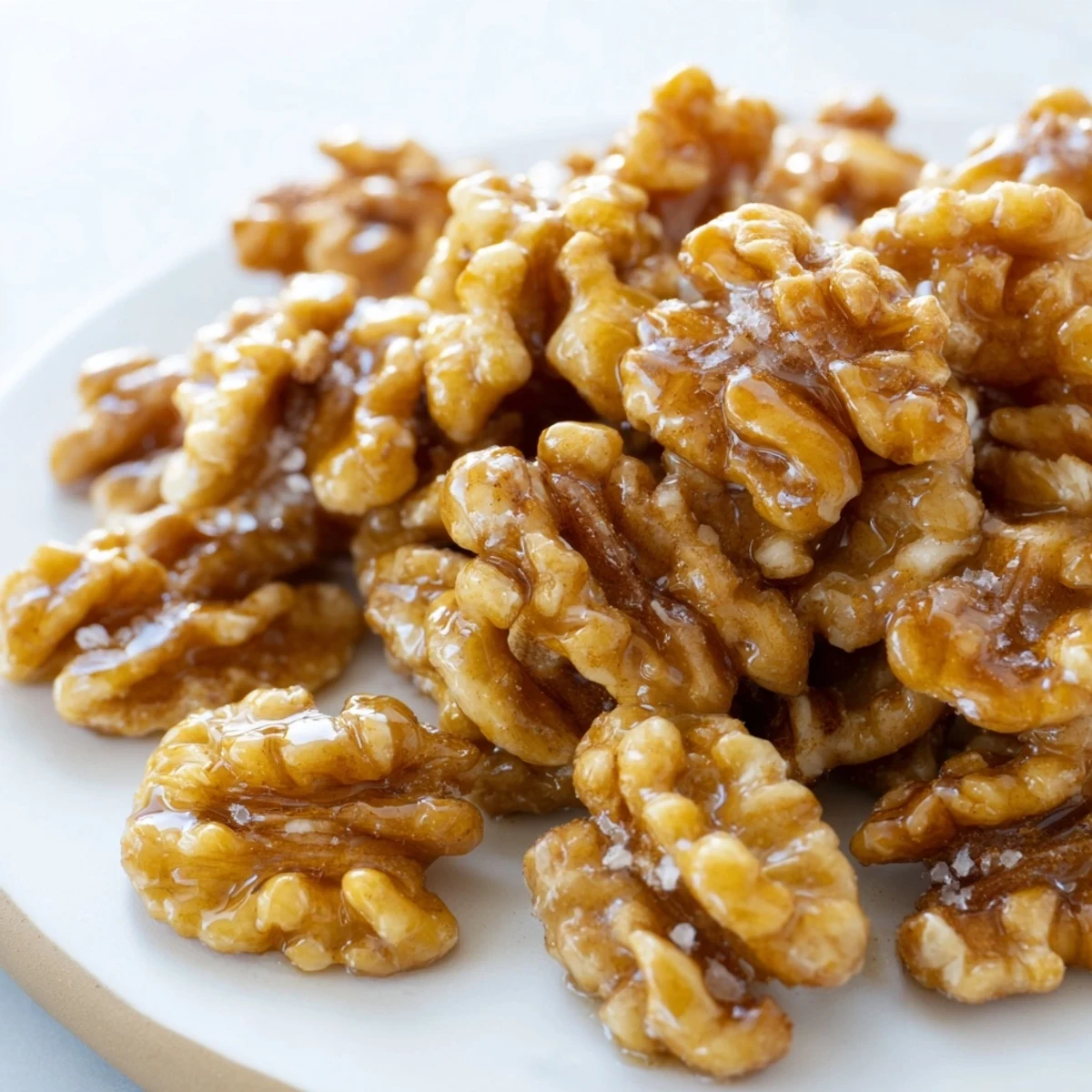 Crunchy maple cinnamon walnuts piled in a rustic bowl, ready for snacking