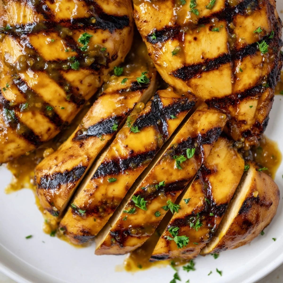 Grilled Honey Mustard Chicken with golden char marks resting on a rustic wooden cutting board
