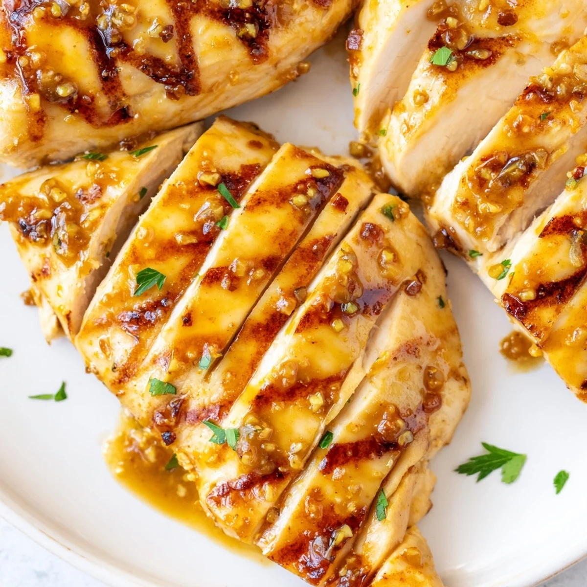 Grilled Honey Mustard Chicken served alongside grilled vegetables and garnished with fresh chopped parsley