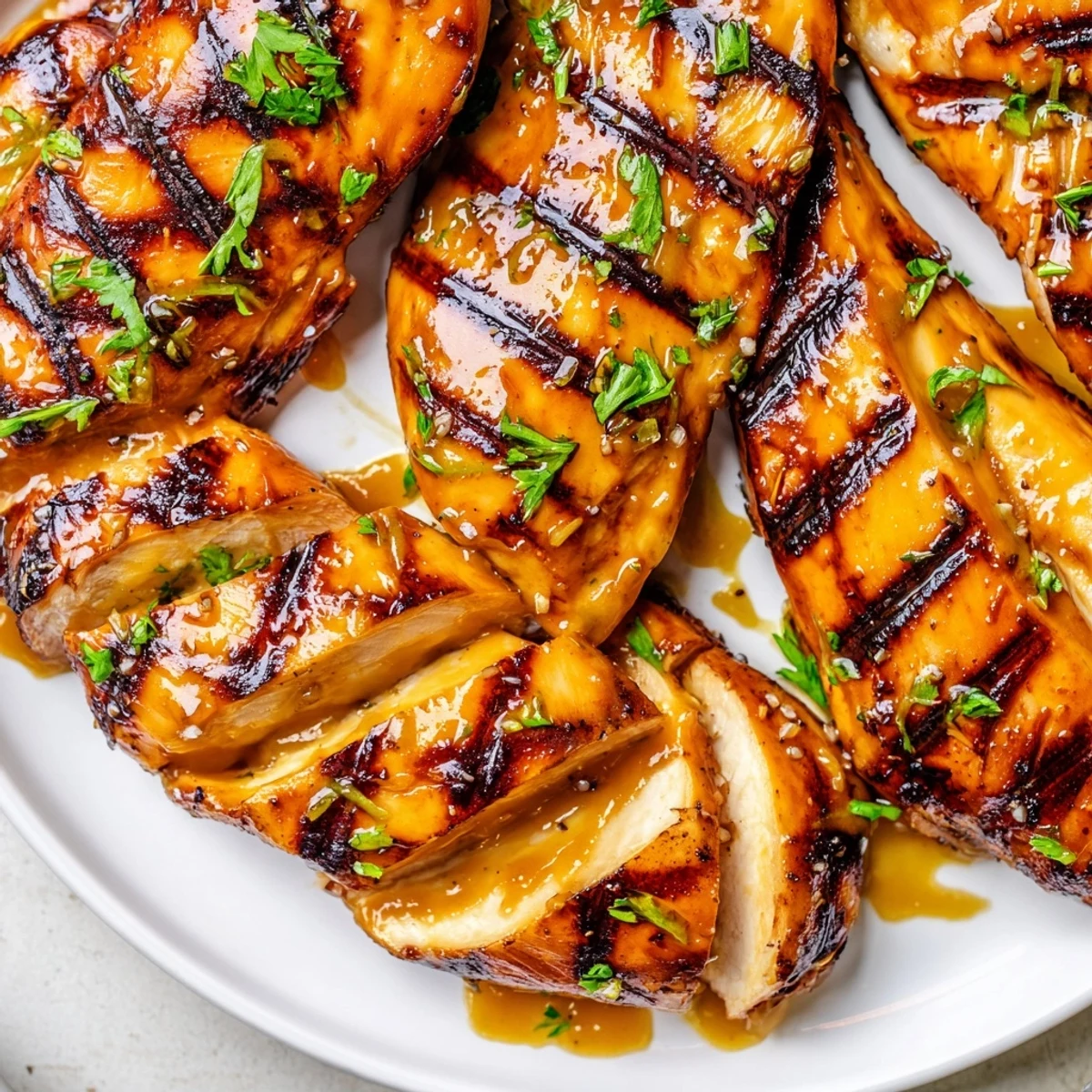 Juicy Grilled Honey Mustard Chicken sliced open revealing tender meat drizzled with glossy amber glaze