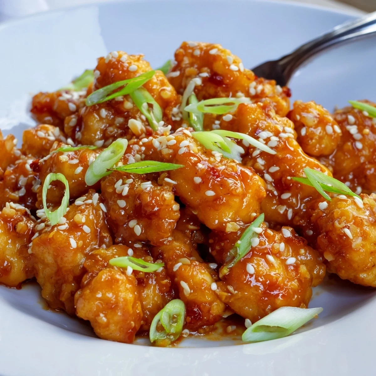 Crispy baked orange chicken glazed in glossy, caramelized sweet and tangy sauce