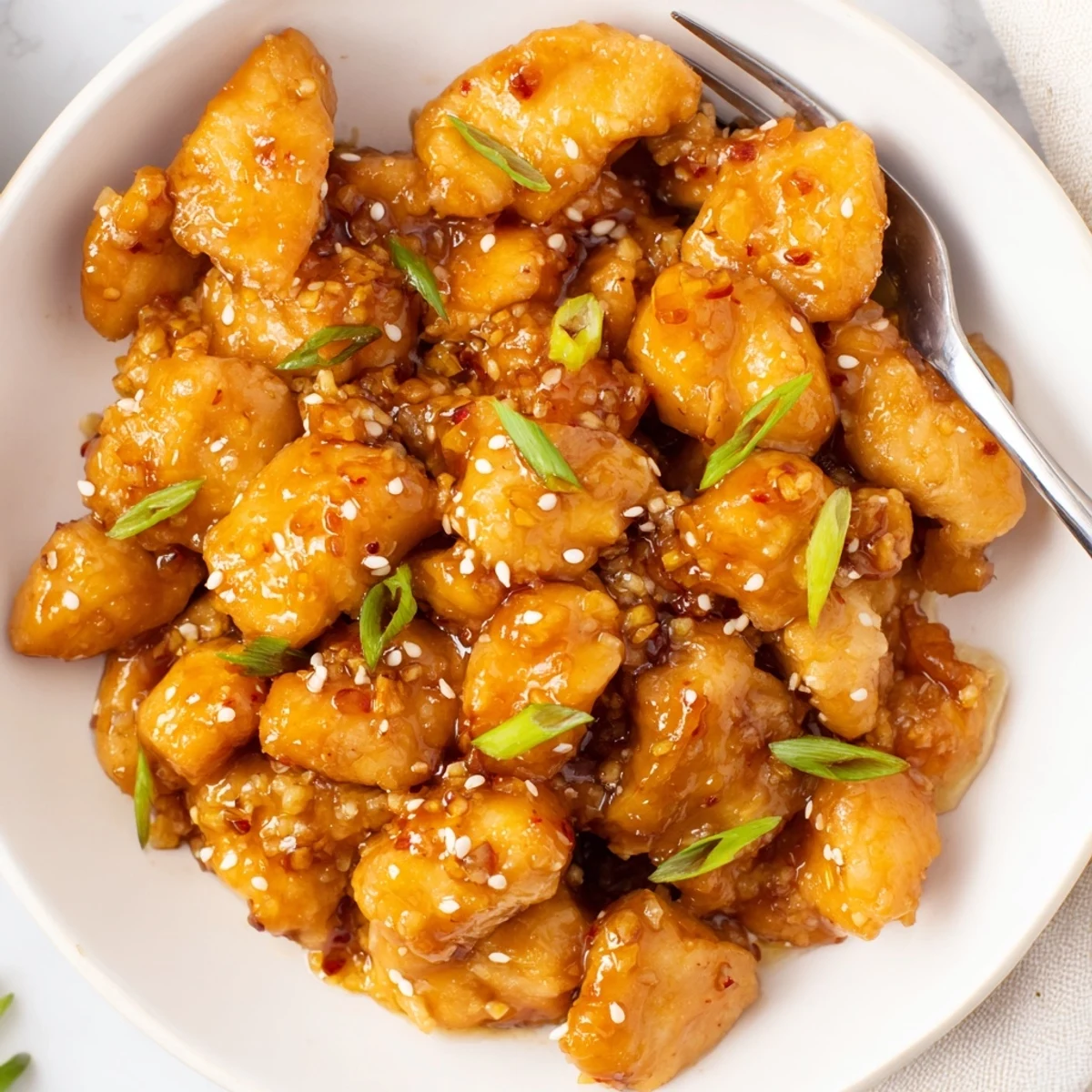 Golden baked orange chicken pieces coated in sticky citrus sauce with sesame seeds