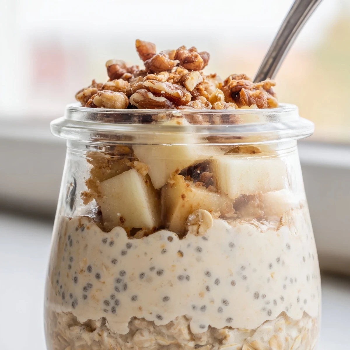 Warm cinnamon apple crumble overnight oats topped with crunchy walnuts and brown sugar crumble