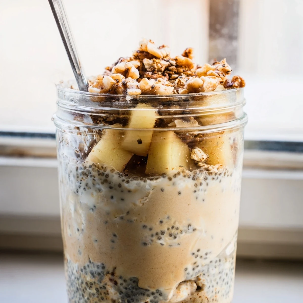Creamy apple crumble overnight oats layered in a glass jar with cinnamon-spiced apples