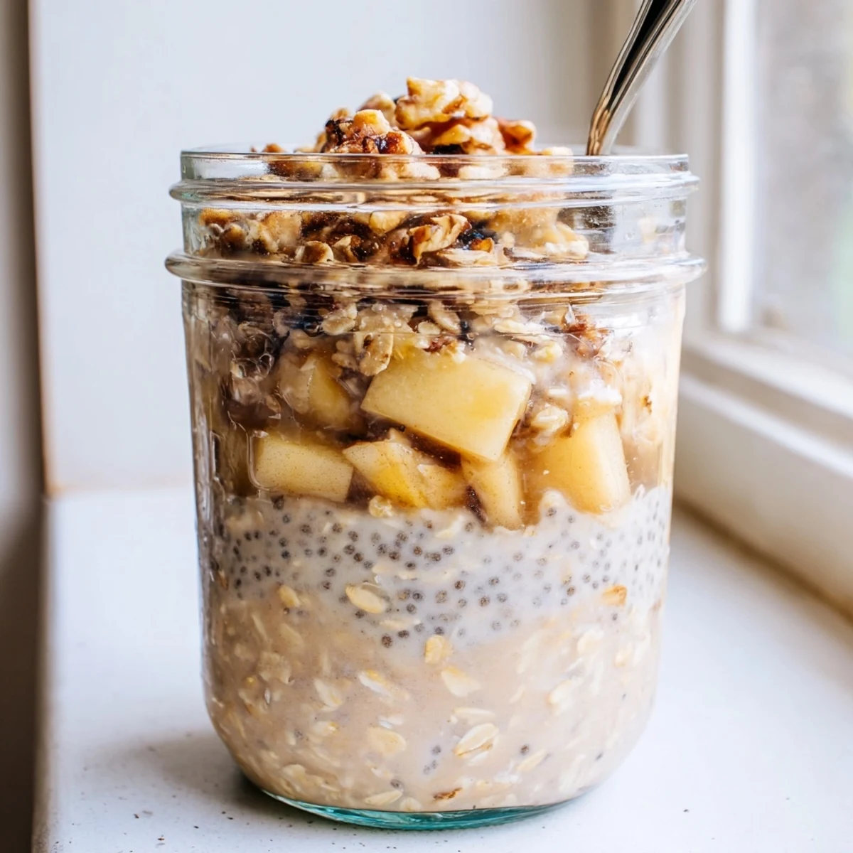 Golden apple crumble overnight oats in a mason jar dotted with diced fresh apples