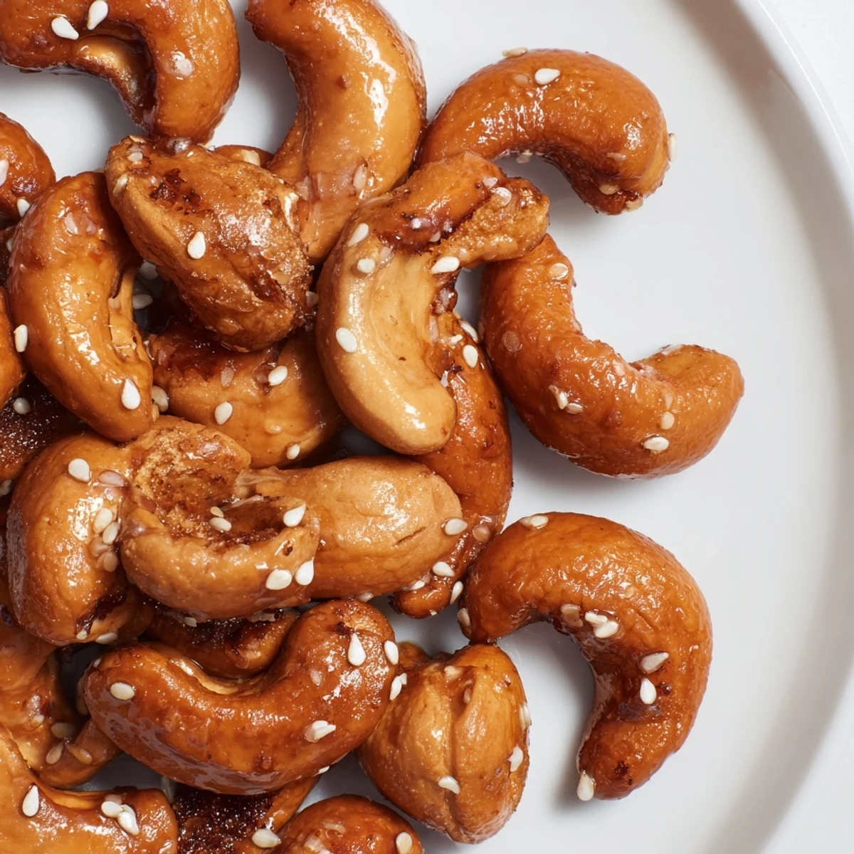 Golden honey sesame cashews glistening with a sticky sweet glaze on parchment paper.