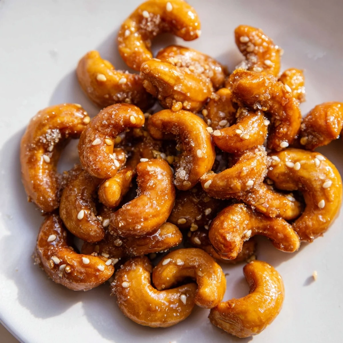 Crunchy honey sesame cashews scattered with toasted seeds in a rustic bowl.