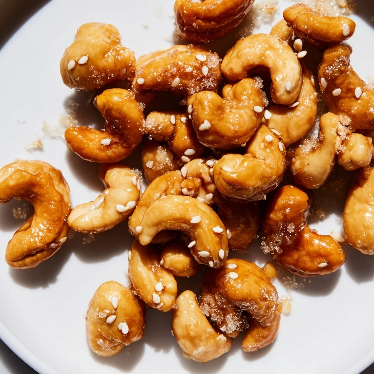 Warm honey sesame cashews fresh from the oven, perfectly golden and caramelized.