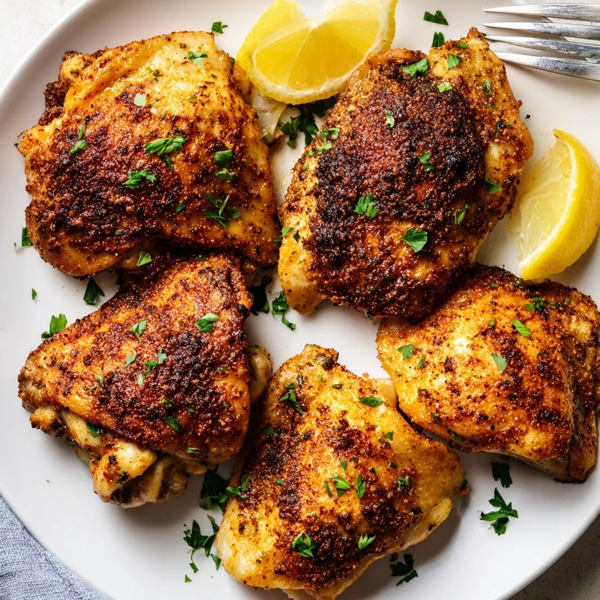 Crispy golden Old Bay chicken thighs roasted on a parchment-lined baking sheet