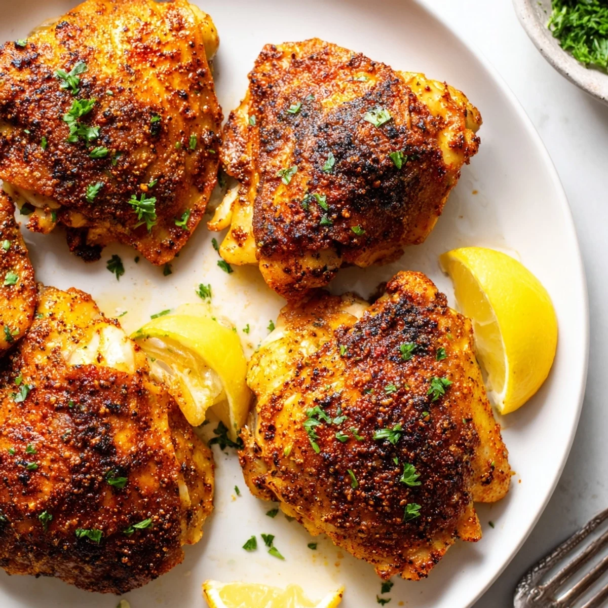 Juicy Old Bay chicken thighs garnished with fresh parsley and lemon wedges