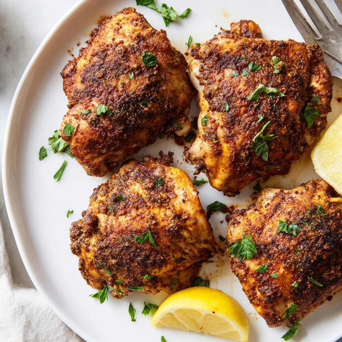 Perfectly browned Old Bay chicken thighs with crispy spice-crusted skin fresh from oven
