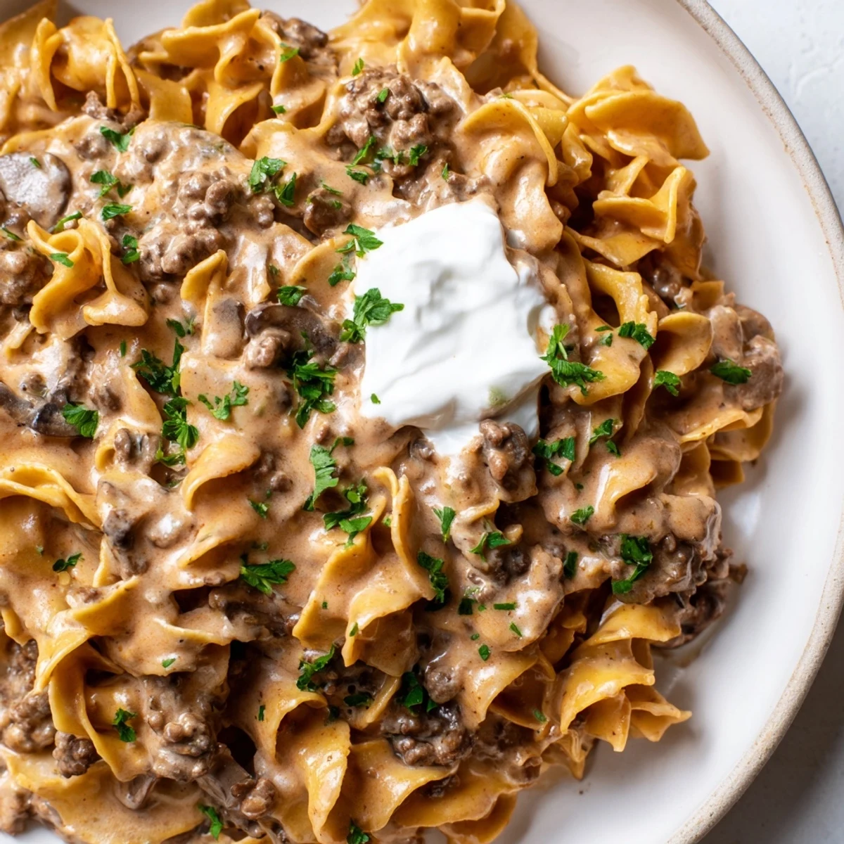 A steaming bowl of Hearty Hamburger Stroganoff topped with fresh parsley