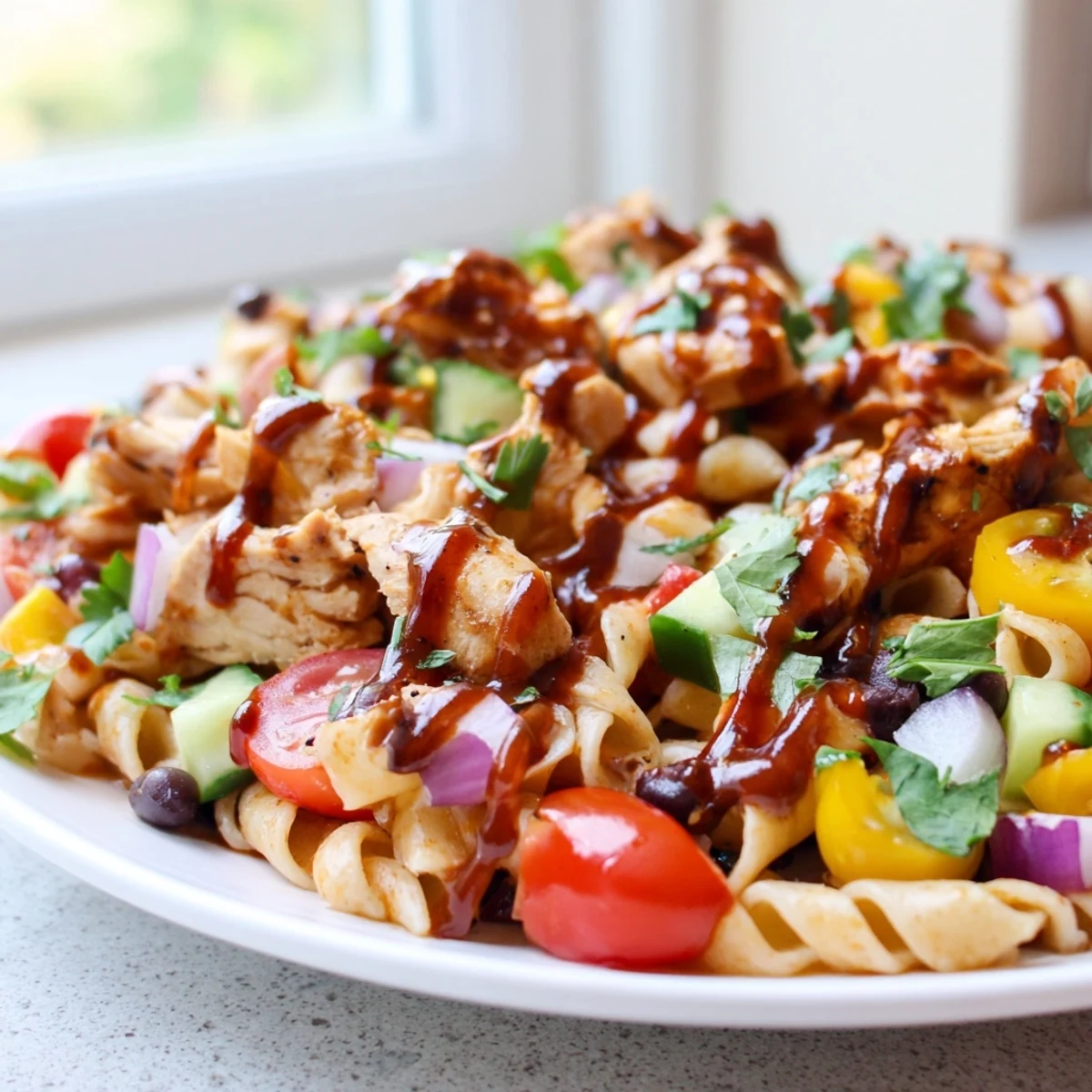 BBQ chicken pasta salad in a large bowl with colorful veggies and creamy dressing