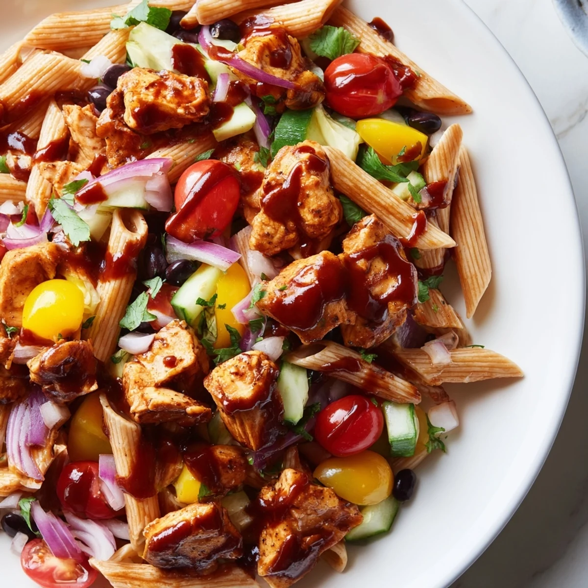 Hearty high protein BBQ chicken pasta salad served in rustic white bowls outdoors