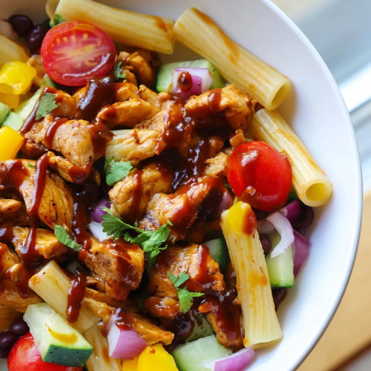 Smoky BBQ chicken pasta salad topped with fresh cilantro and a tangy drizzle
