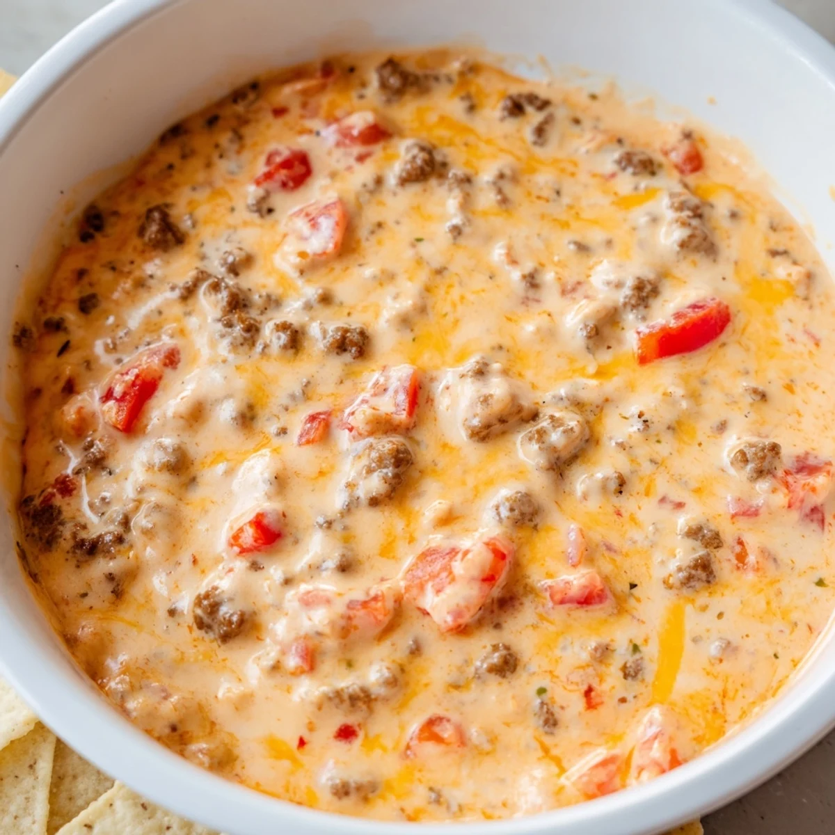 Steaming bowl of cheesy Rotel dip surrounded by crispy tortilla chips