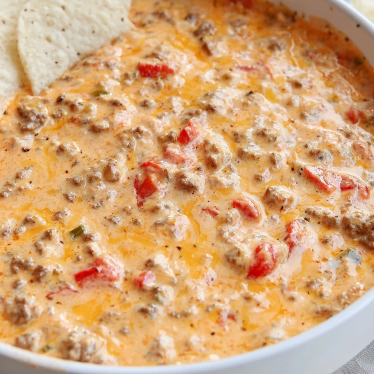 Bubbling creamy Rotel dip in a slow cooker with golden tortilla chips