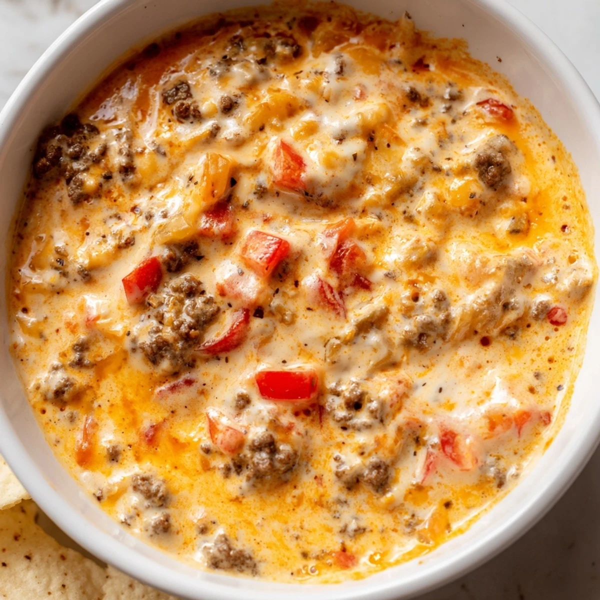 Thick golden Rotel dip ladled into a bowl with fresh veggie sticks