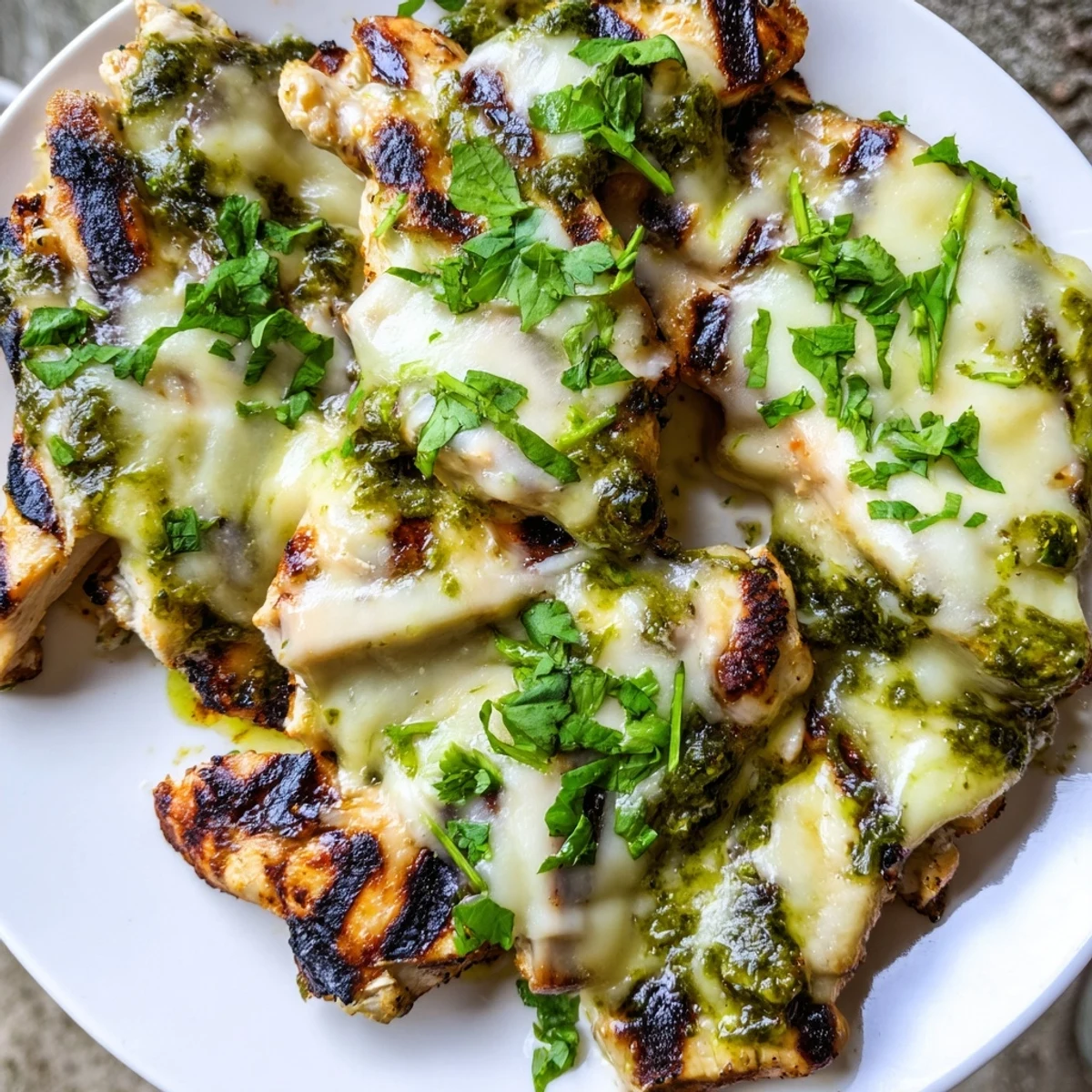 Melted Pepper Jack cheese blankets this juicy grilled salsa verde chicken with charred edges