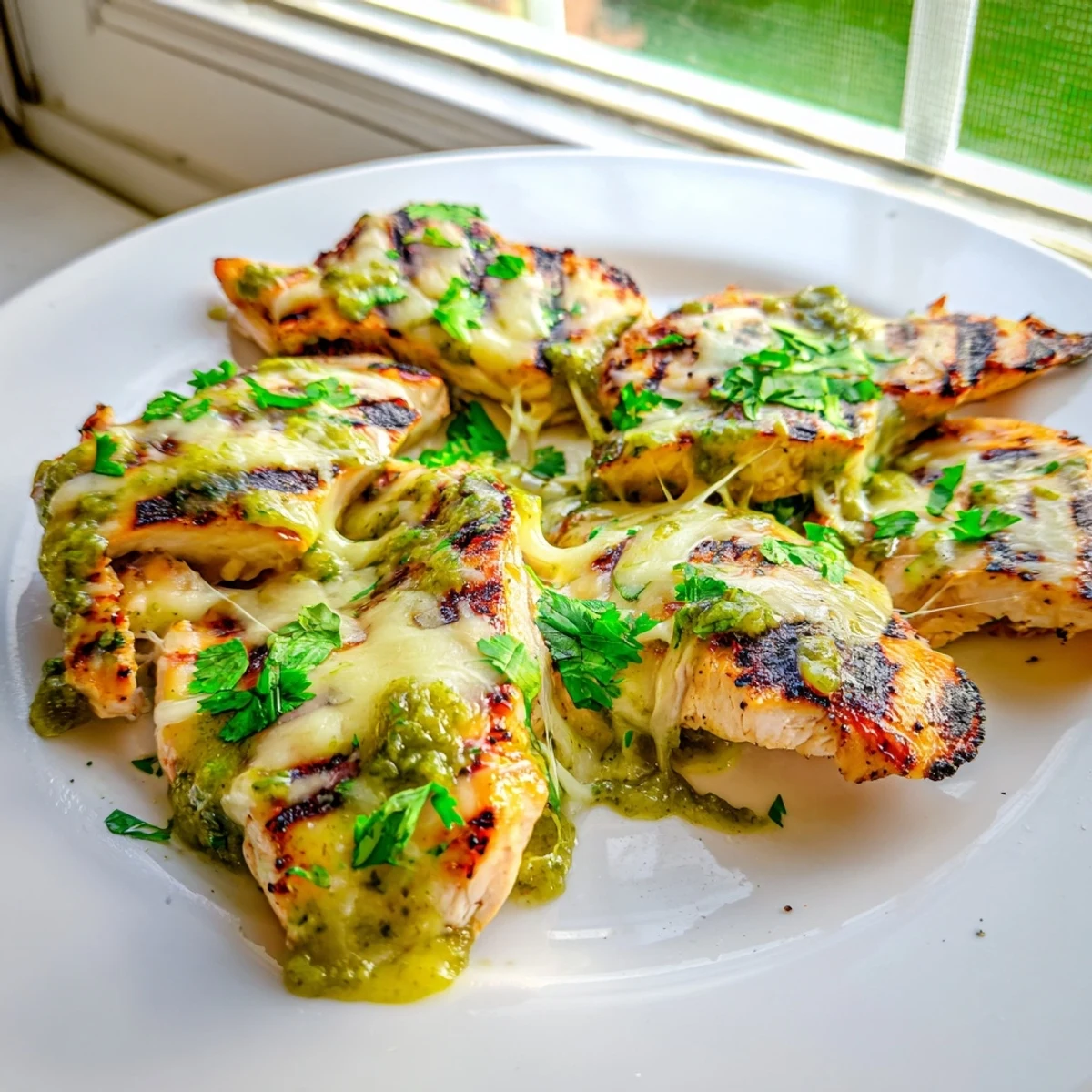 Golden grilled chicken topped with bubbling Pepper Jack and vibrant green salsa verde drizzle