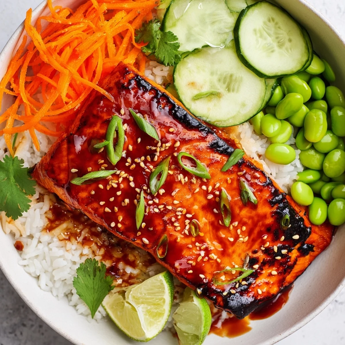 Glossy sriracha honey glazed salmon bowls with caramelized fillets over steamed rice and crisp vegetables