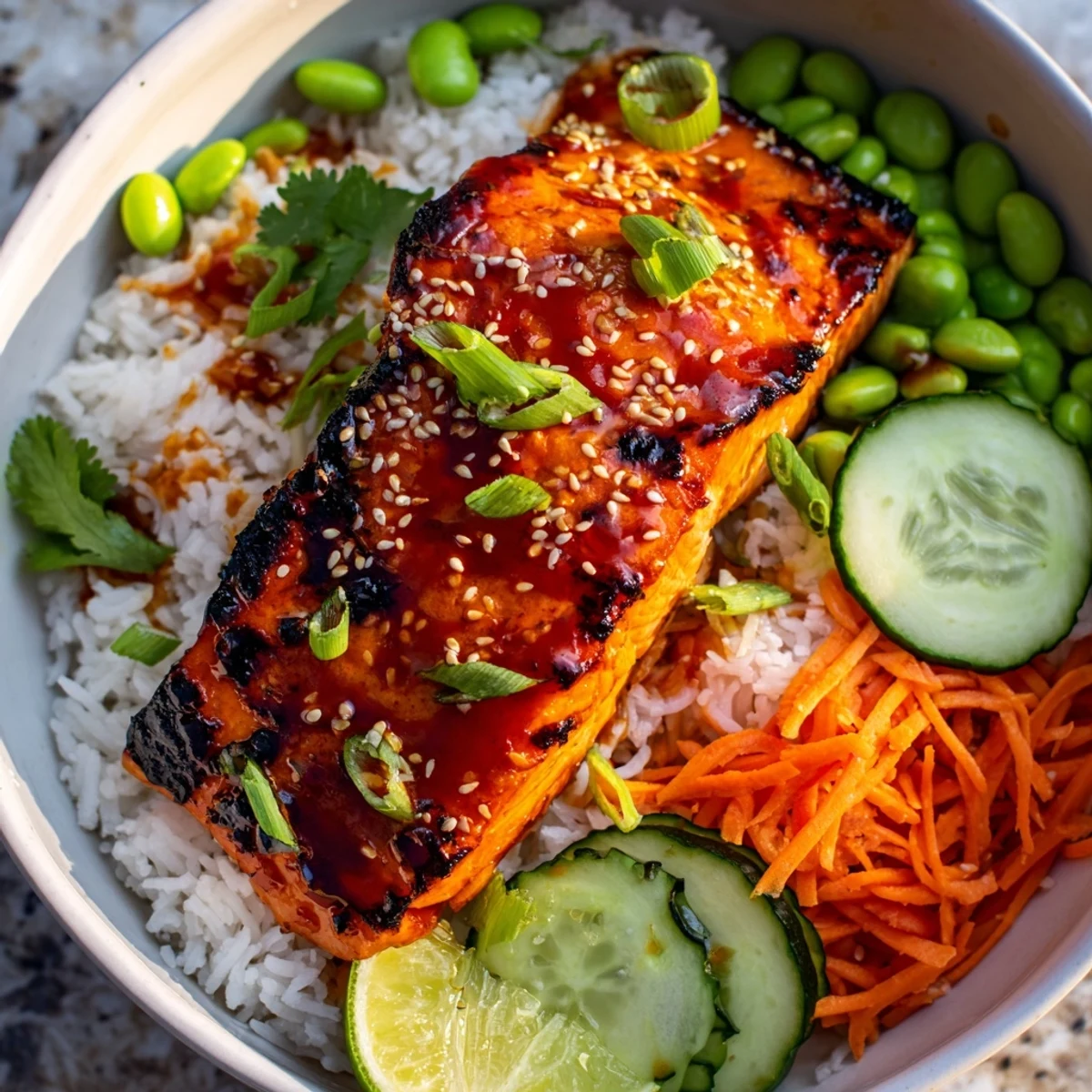 Golden sriracha honey glazed salmon bowls topped with sesame seeds, sliced cucumbers, and fresh herbs