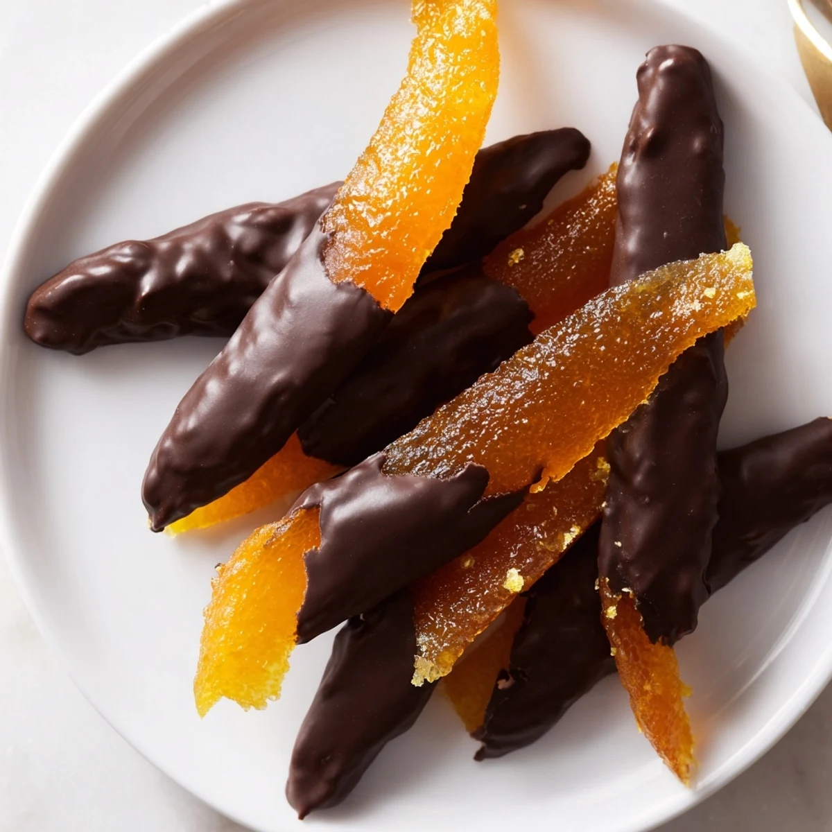 Glistening chocolate covered orange peels arranged on parchment paper