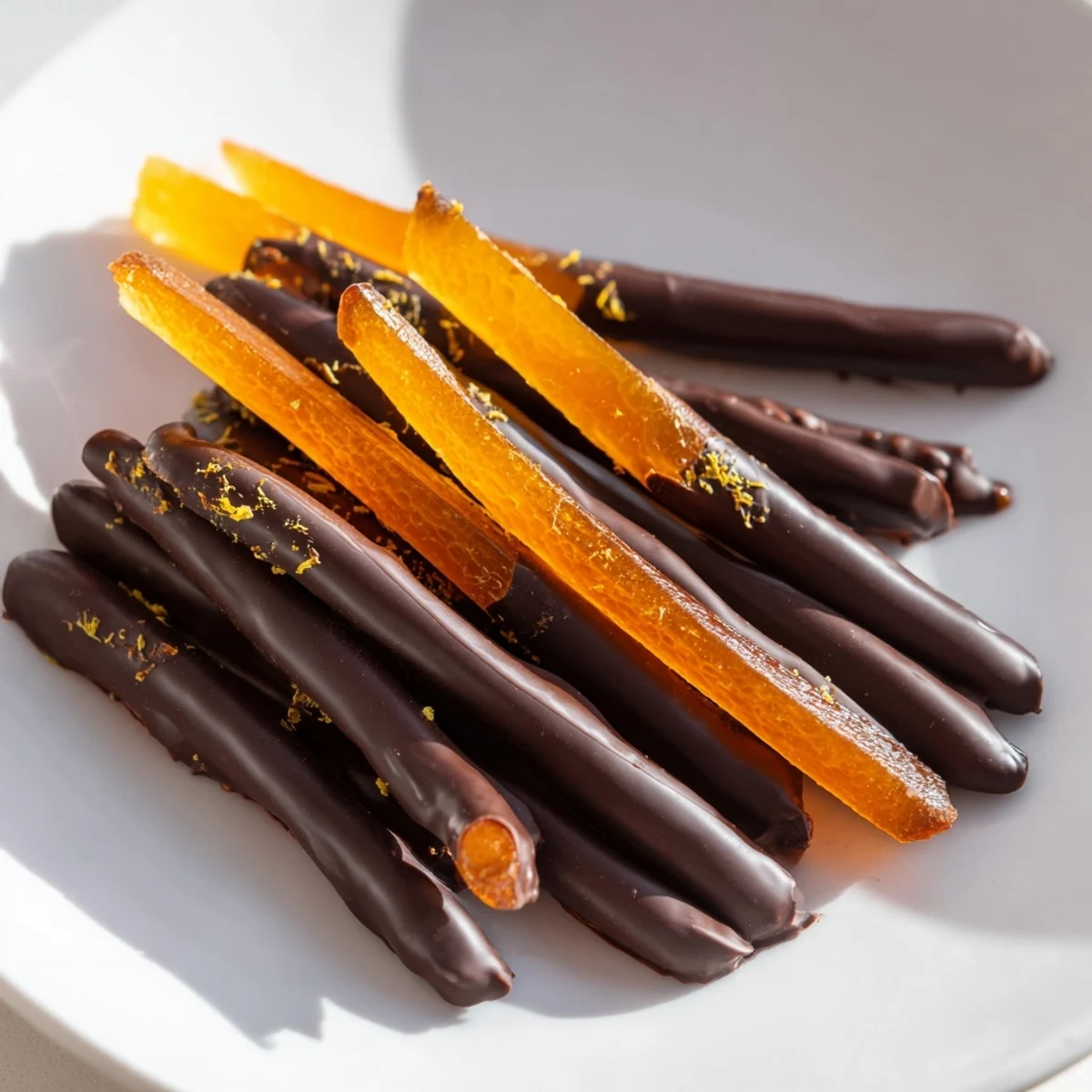 Rich dark chocolate covered orange peels with tender candied centers