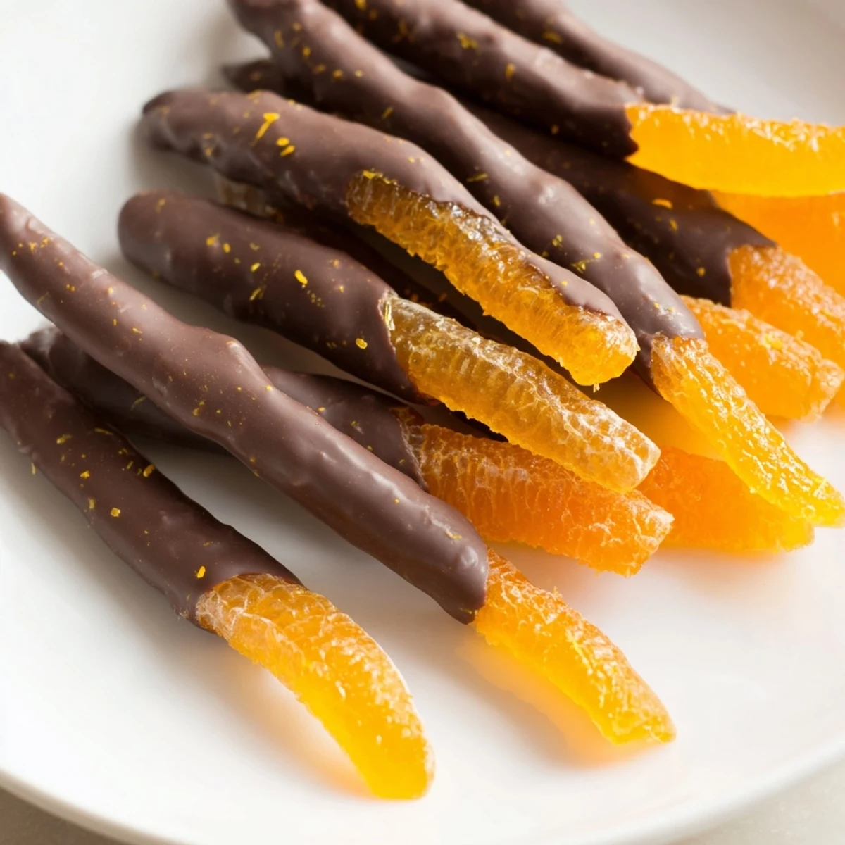 Candied orange strips dipped halfway in dark chocolate
