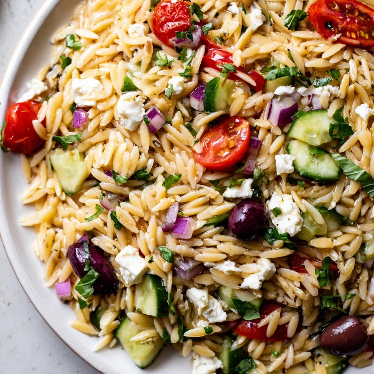 Juicy Mediterranean orzo pasta salad in a rustic bowl with bright cherry tomatoes and crumbled feta