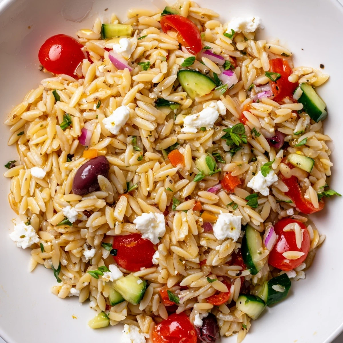 Tender orzo tossed with colorful diced vegetables, Kalamata olives, and herbs in a shiny lemon dressing