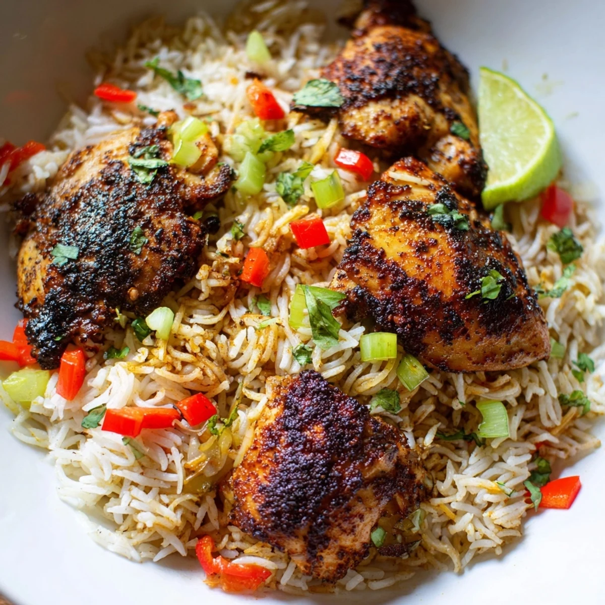 Spicy jerk chicken rice served in a cast iron skillet with fresh lime wedges