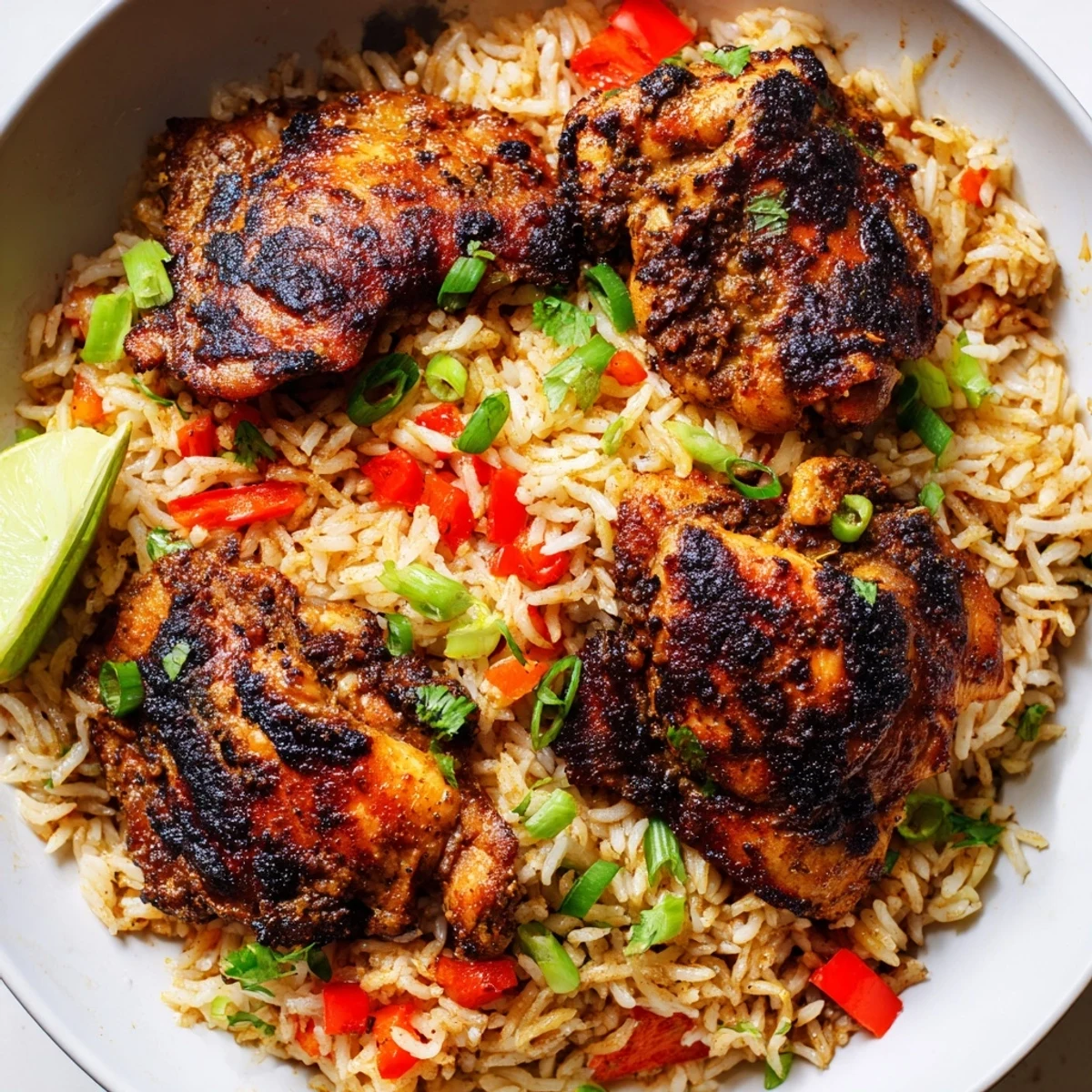 Steaming bowl of spicy jerk chicken rice topped with chopped cilantro and herbs