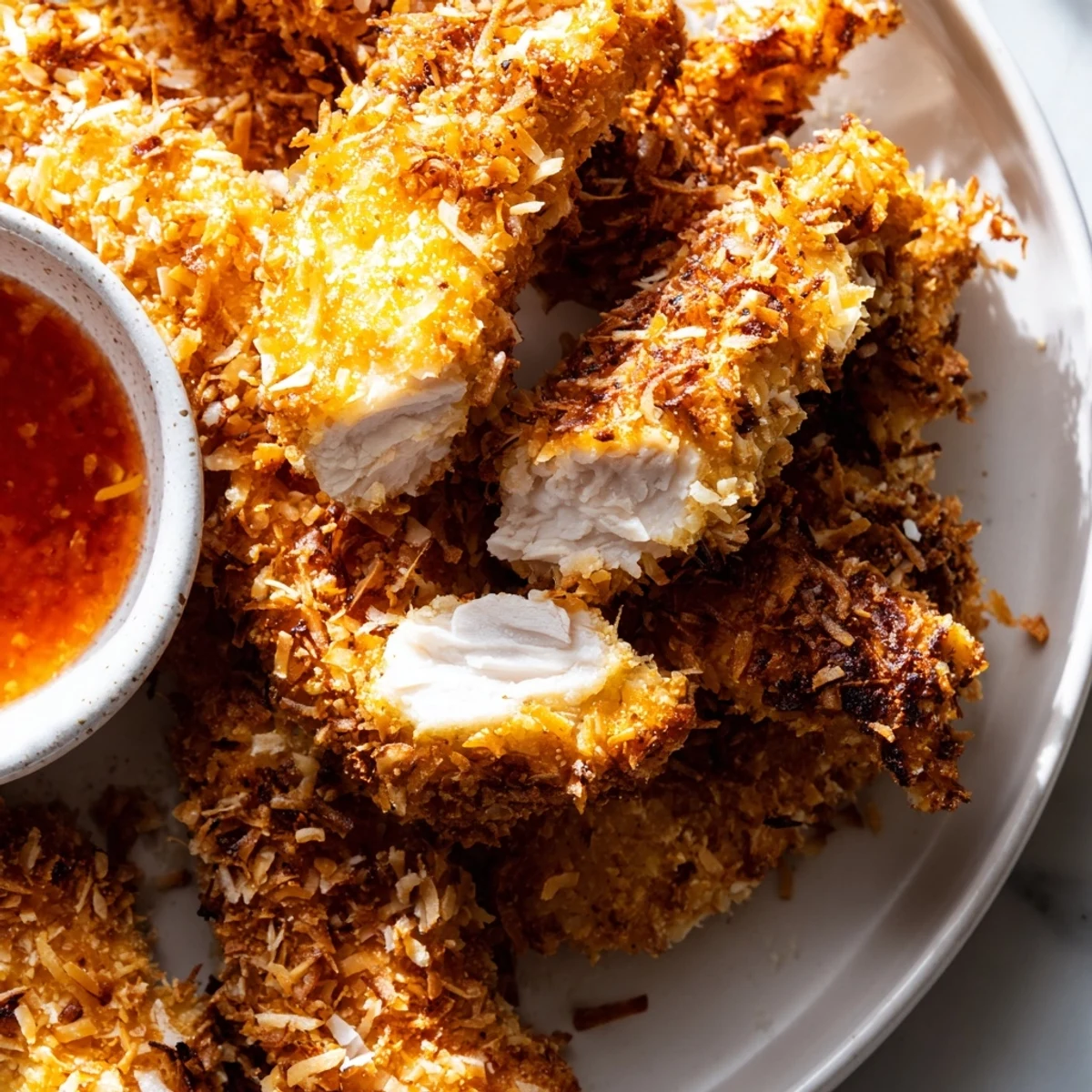 Golden crunchy coconut chicken strips fresh from the skillet with crispy edges