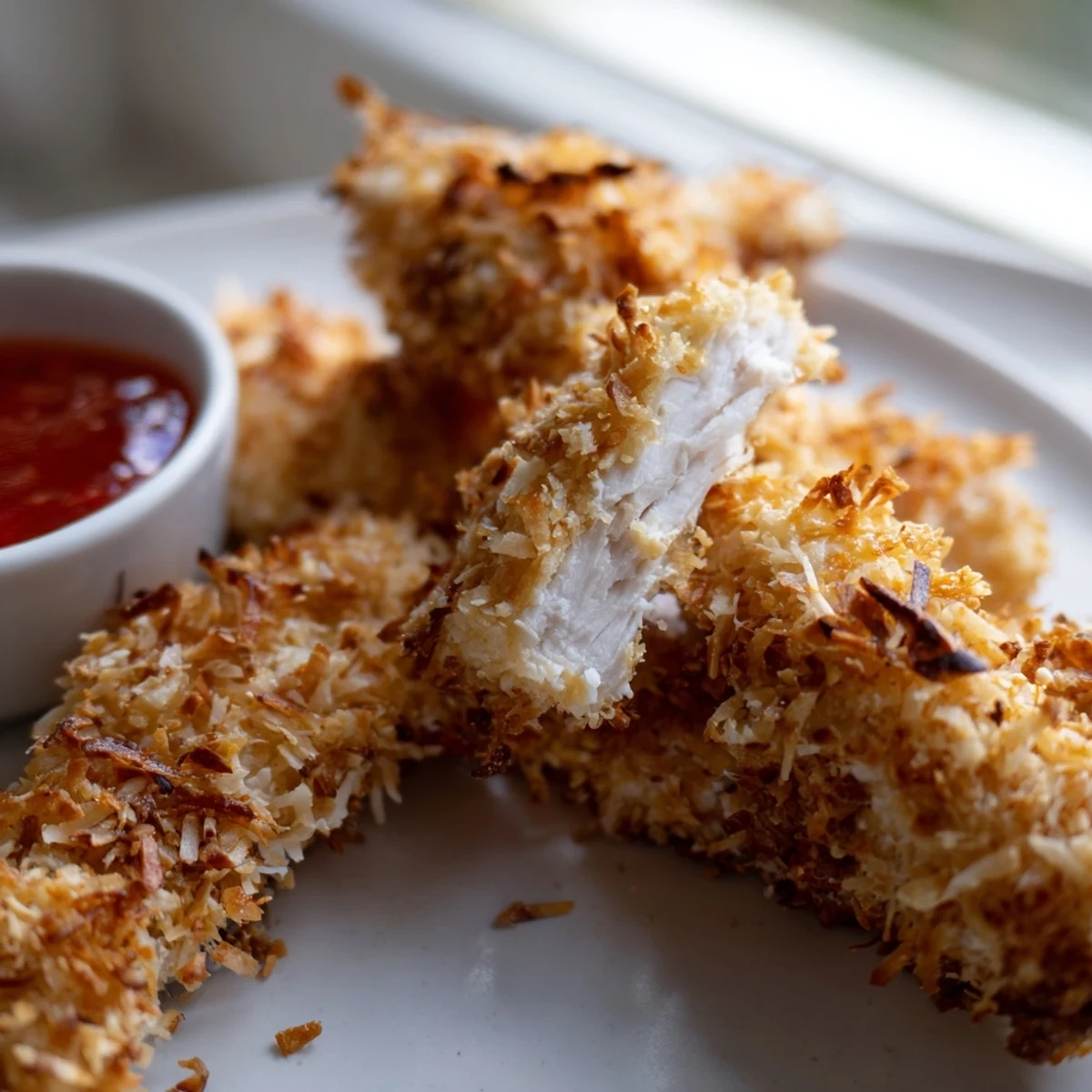Crunchy coconut chicken served hot with a tangy sweet chili dipping sauce