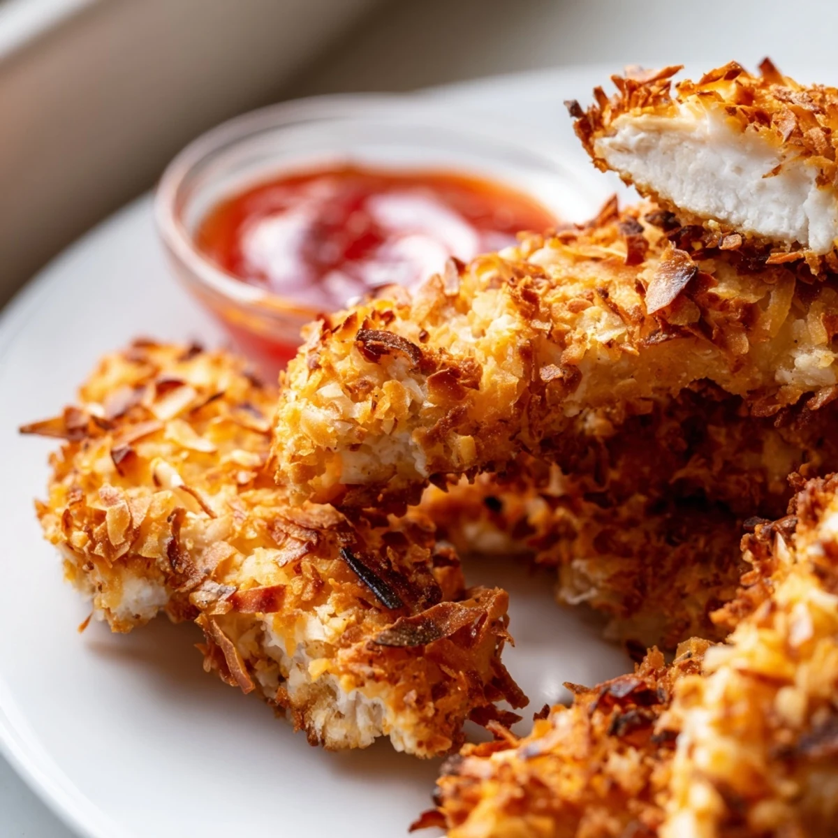 Close-up of crunchy coconut chicken showing a juicy interior and toasted coconut crust