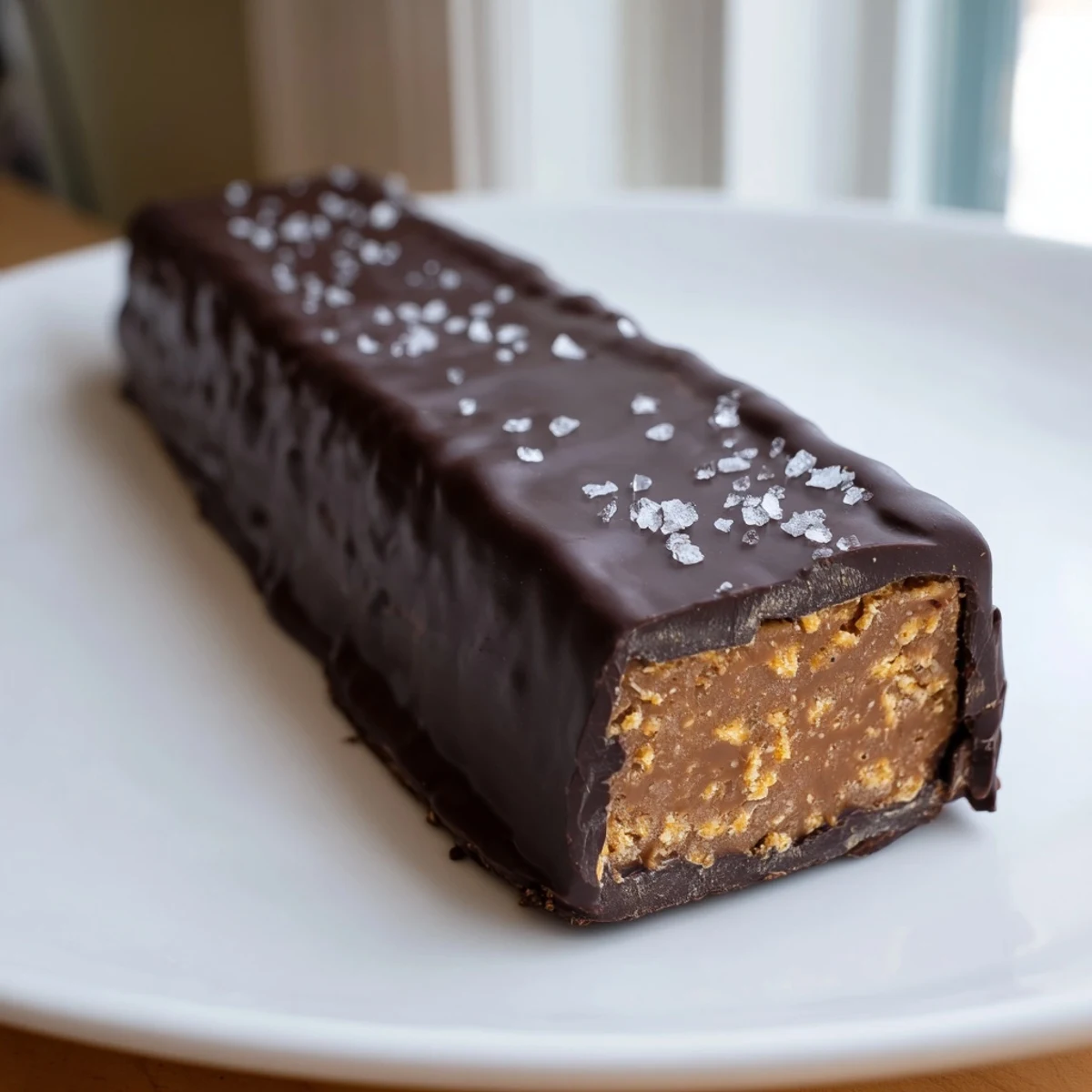 Crunchy Healthy Homemade Butterfingers dipped in glossy dark chocolate on a wooden cutting board