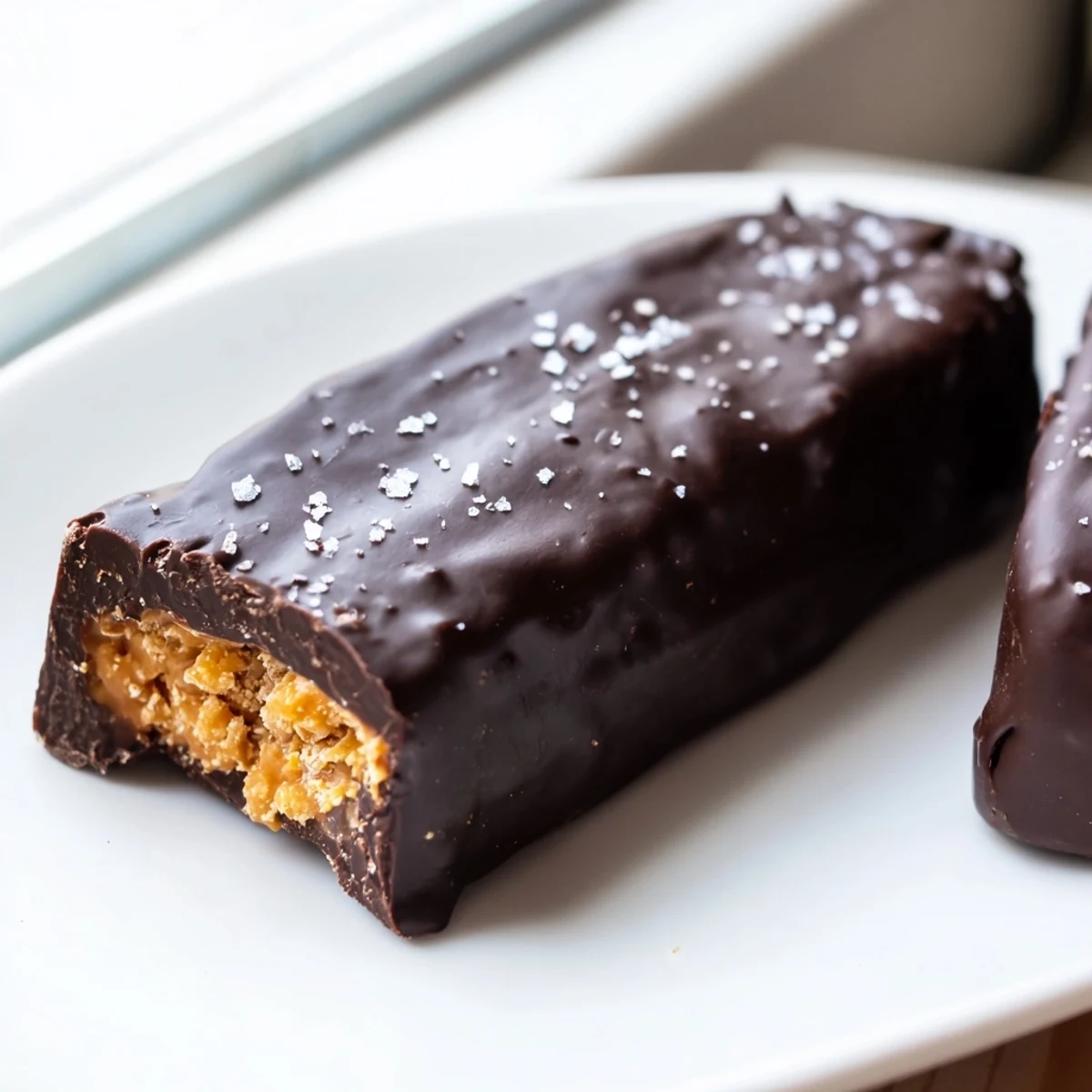 Chilled Healthy Homemade Butterfingers arranged on parchment paper showcasing a crisp crunchy filling