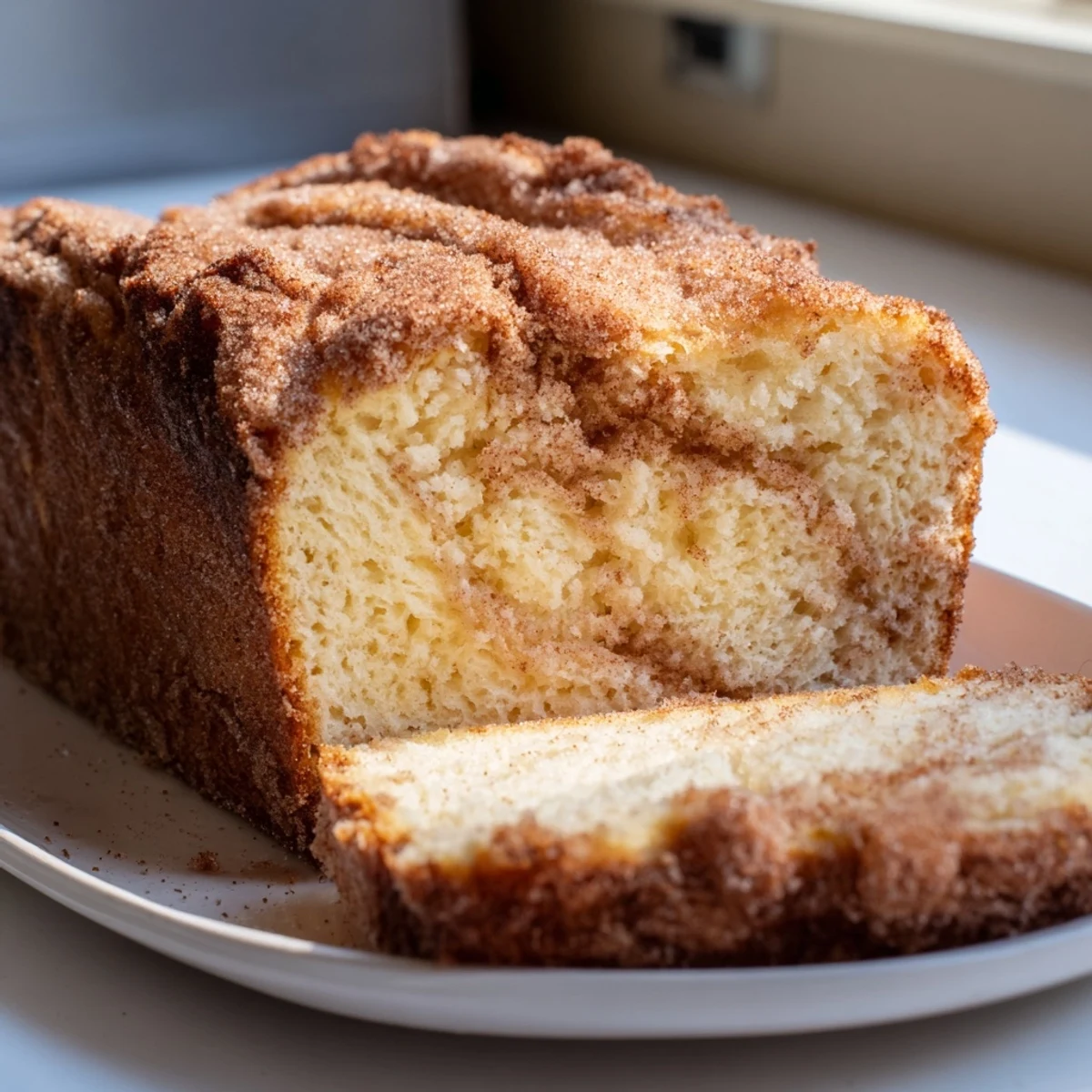 Moist cinnamon donut loaf topped with sparkling cinnamon sugar served beside a steaming coffee mug