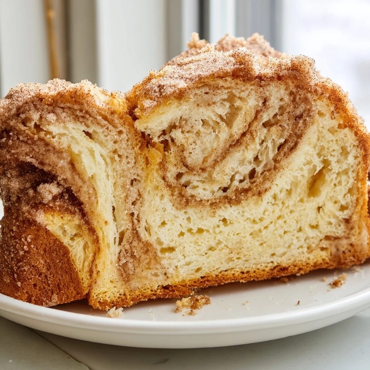 Freshly baked cinnamon donut loaf with a crackly buttery cinnamon coating resting on a wire rack