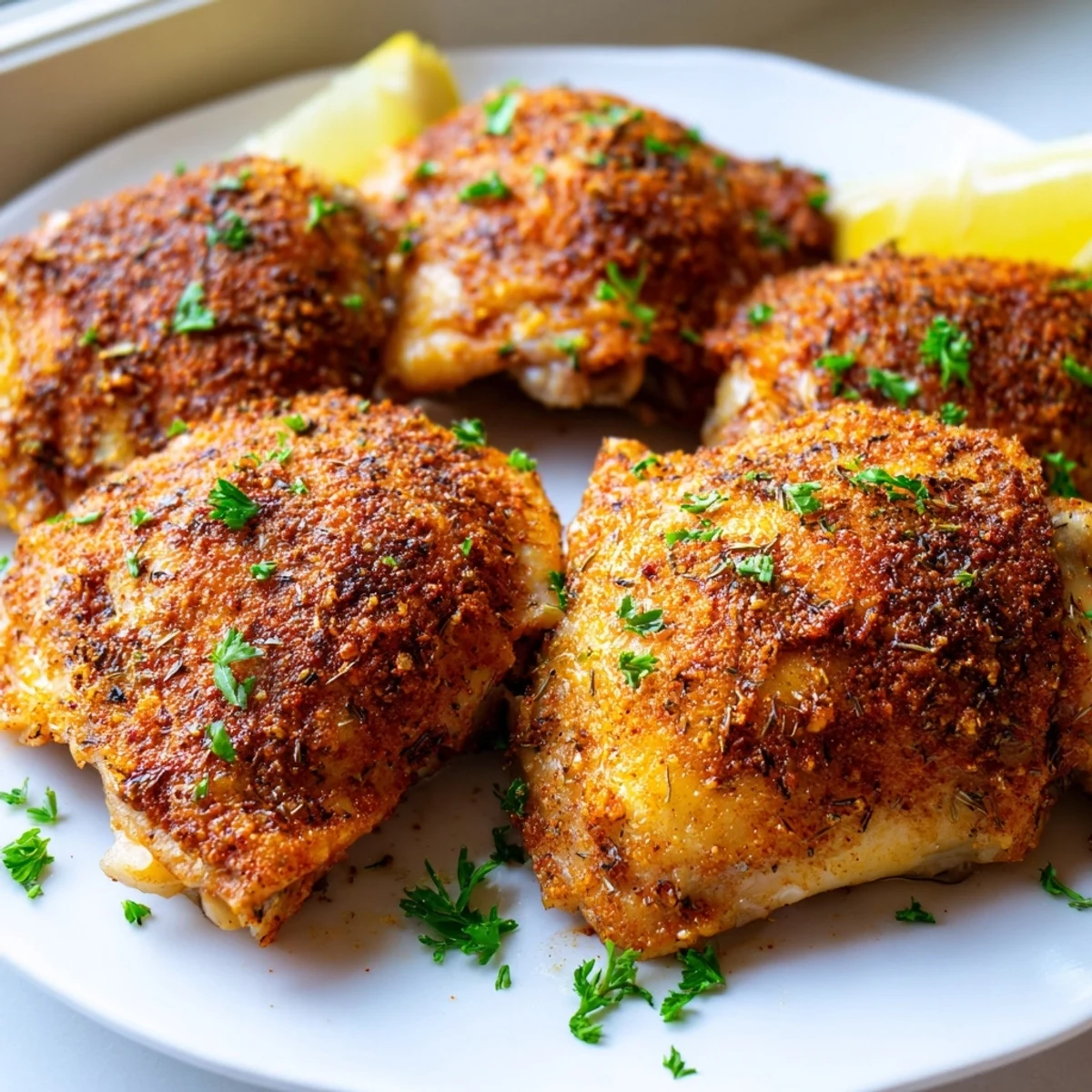 Golden crispy oven baked chicken thighs seasoned with herbs on a rustic baking sheet
